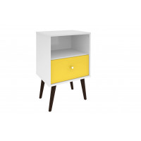 Manhattan Comfort 203AMC63 Liberty Mid Century - Modern Nightstand 1.0 with 1 Cubby Space and 1 Drawer in White and Yellow with Solid Wood Legs